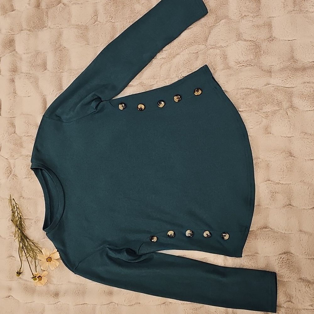 Boutique Teal Emerald Green Long Sleeve Womens Top L Button Accents Like New